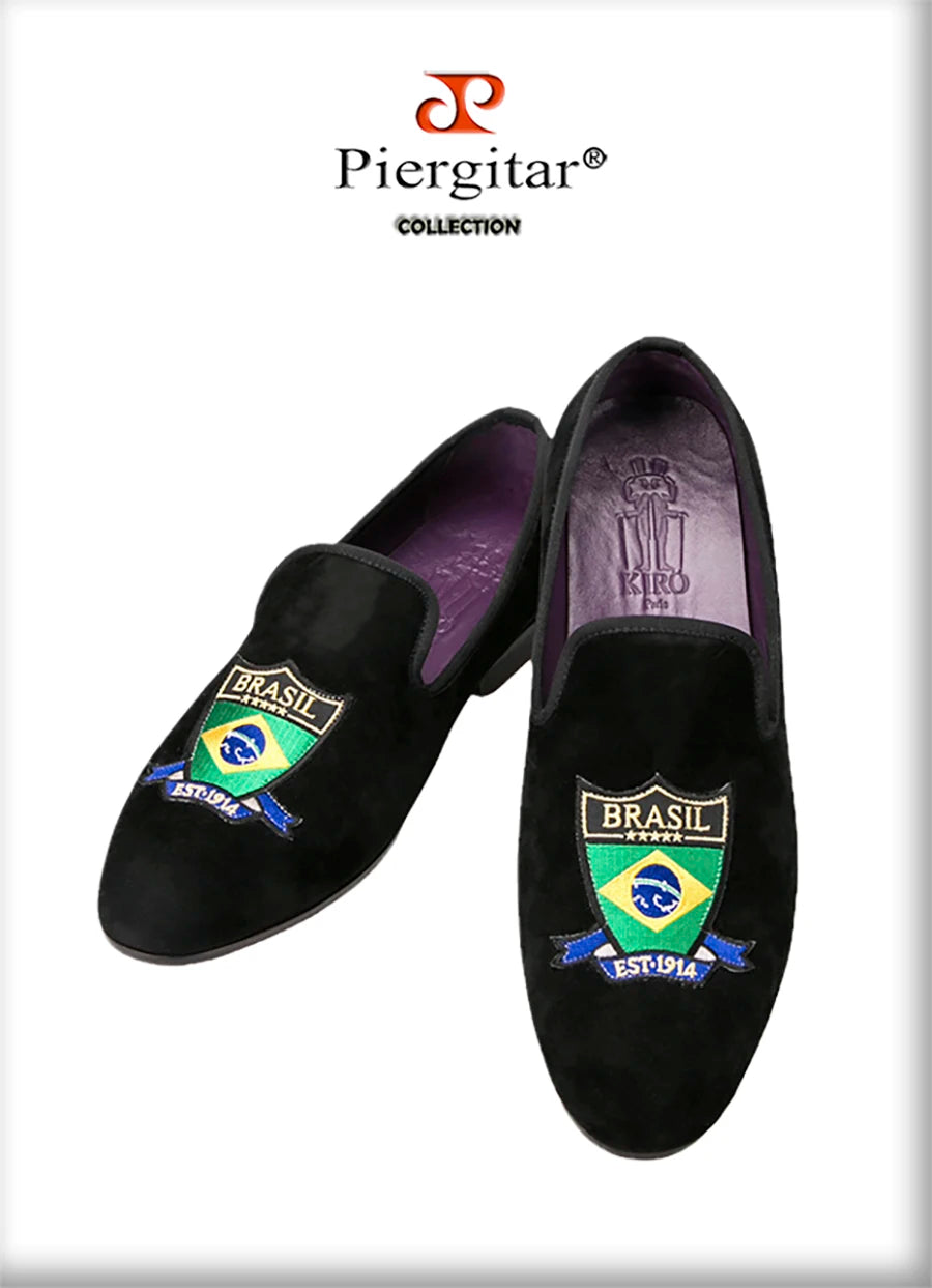 Piergitar Handmade Embroidery Of Four Powerful Football Countries Black Velvet Men Loafers Genuine Leather InSoles And Outsoles