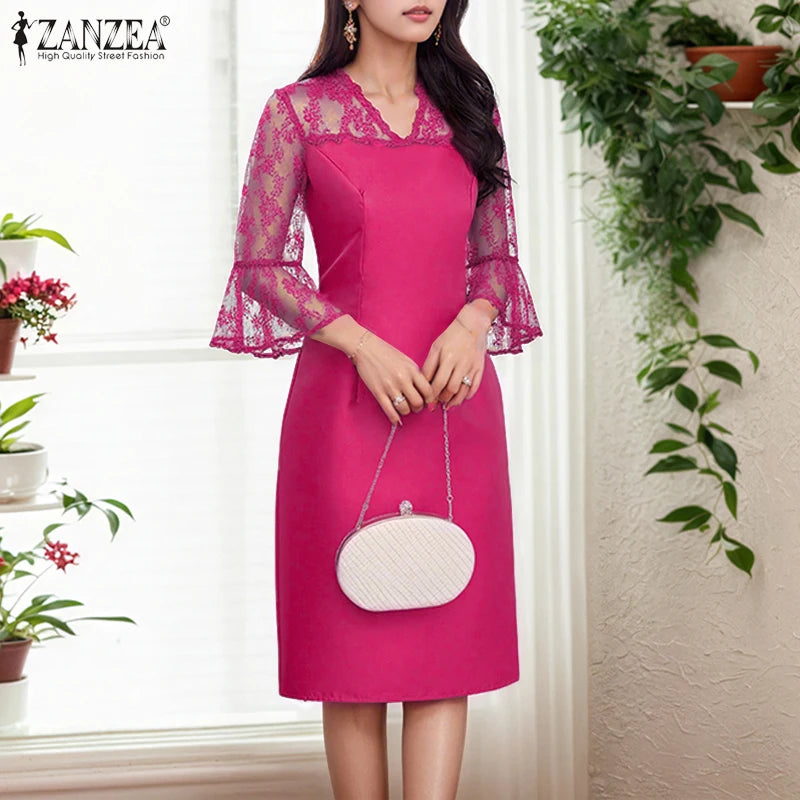 Women Summer Lace Patchwork Dresses ZANZEA Elegant Party Work Dress Fashion 3/4 Flared Sleeve V-Neck Satin Vestidos Robe Femme