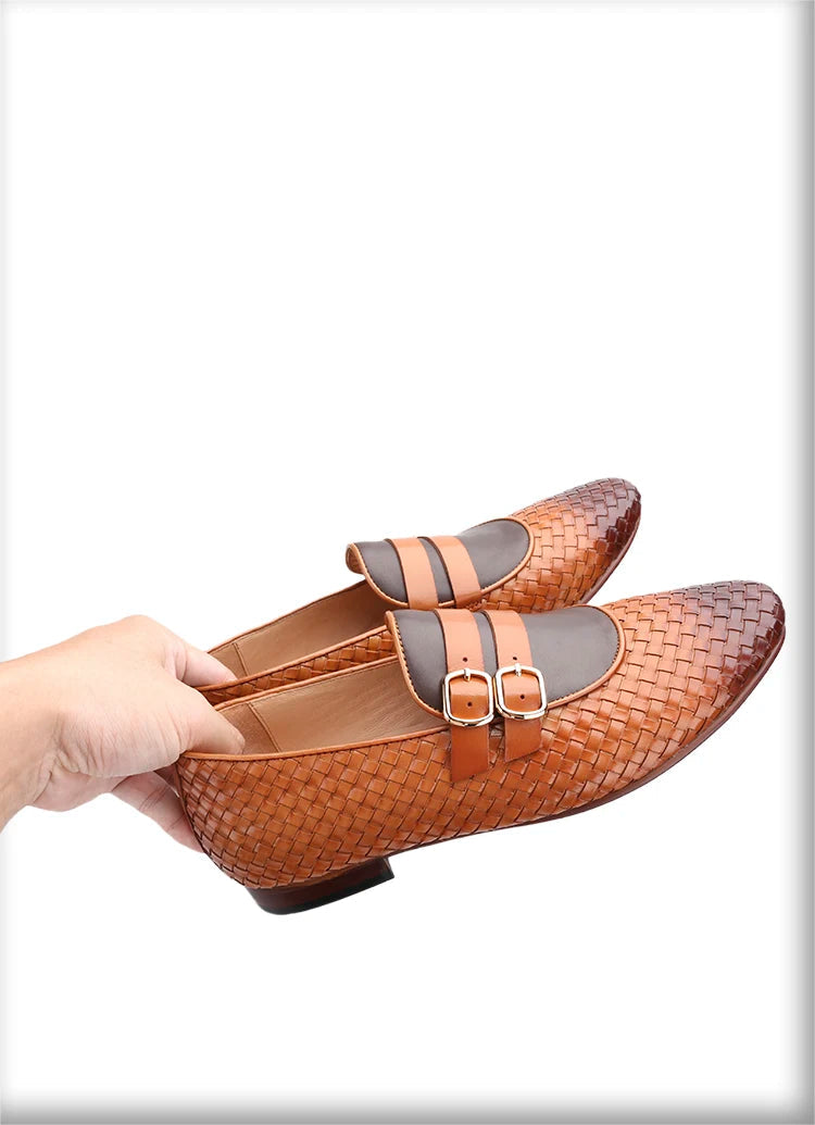 Men's Hand-Rubbed Brown Woven Calfskin Monk Shoes with Cross-Tied Handmade Loafers Genuine Lining