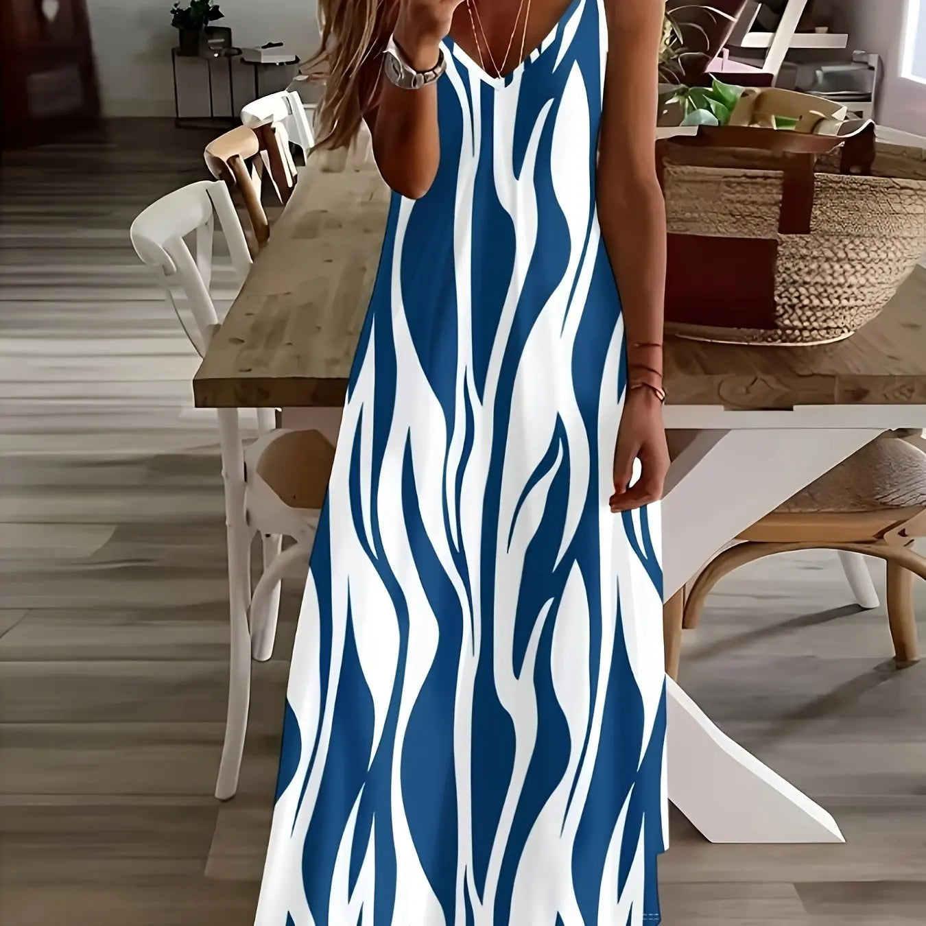 Blue Tribal Pattern Print Beach Vacation Casual Suspender Dress Fashionable Casual Sleeveless Loose Suspender Ankle Length Dress