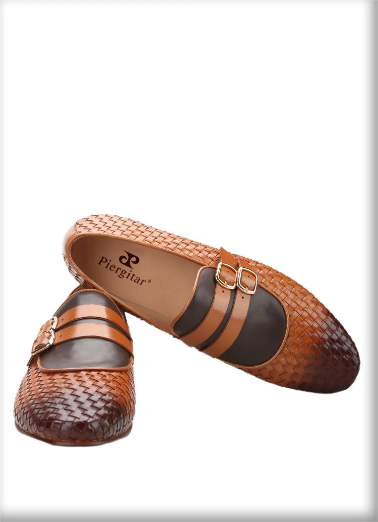 Men's Hand-Rubbed Brown Woven Calfskin Monk Shoes with Cross-Tied Handmade Loafers Genuine Lining