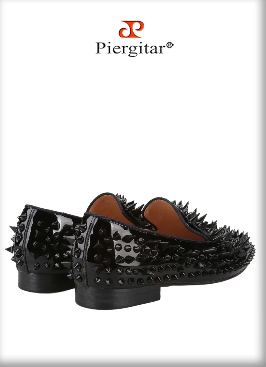 Piergitar Black Patent Leather Men's Loafers With Handmade Different Shapes Of Spikes For Fashion Party CL Brand Red Sole Shoes