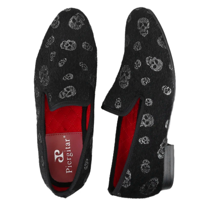 Piergitar New Style Black Horsehair Sliver Skull Embossed Men Shoes For Party Slip-On Loafers Smoking Slipper Men Flat Plus Size