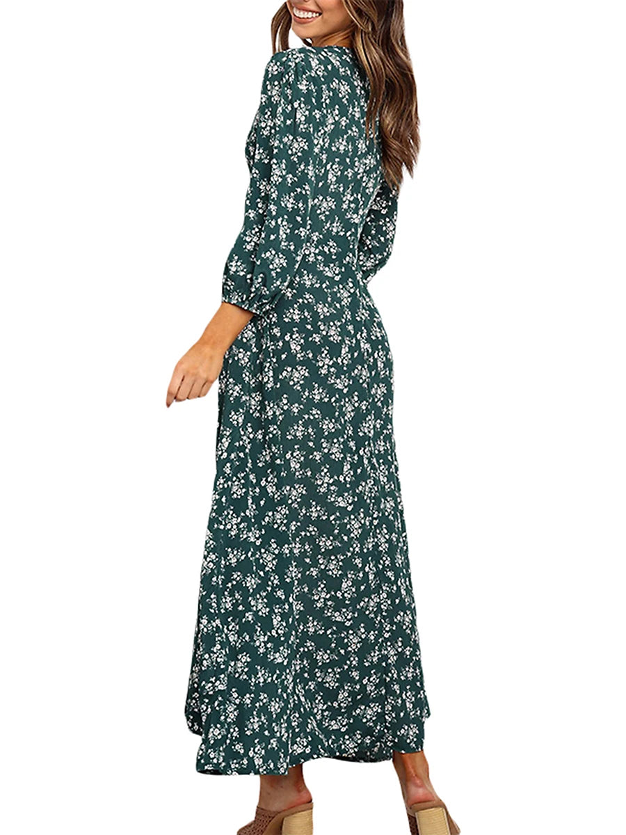 Women's Summer Bohemian Floral Print Long Maxi Dress Retro 3/4 Sleeve V-Neck Button Down High Waist Sundress Streetwear