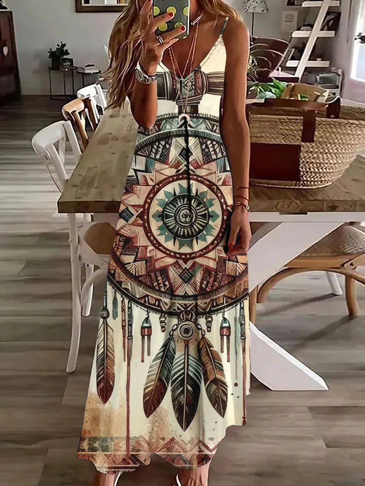 Women's Long Spaghetti Strap Tribal Pattern Dress
