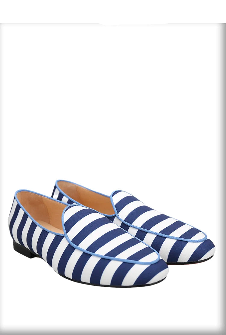 Red Bottom Male Slip-On Loafers With Blue And White Stripes Canvas For Prom And Party New Arrival