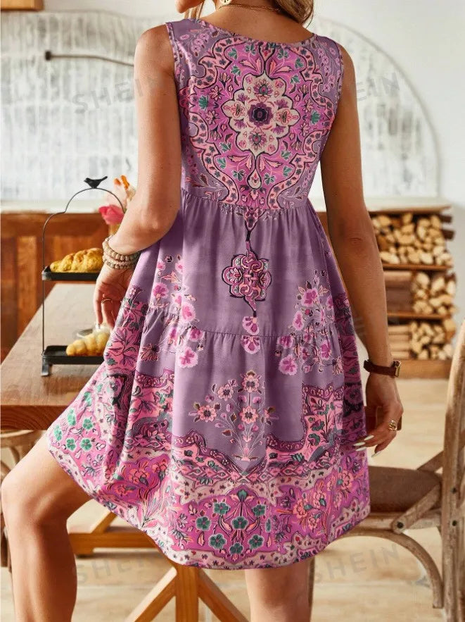 2024 AliExpress Europe and the United States Cross Border Summer Print Sleeveless V-Neck Vest Fashion Resort Print Dress Women