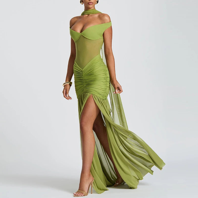 V-Neck Off Shoulder High Side Split Dress