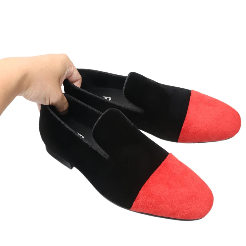 Piergitar Mixed Velvet Men's Loafers For Party And Wedding Handmade Slip-On Moccasins Red Outsole Breathable Leather Insole
