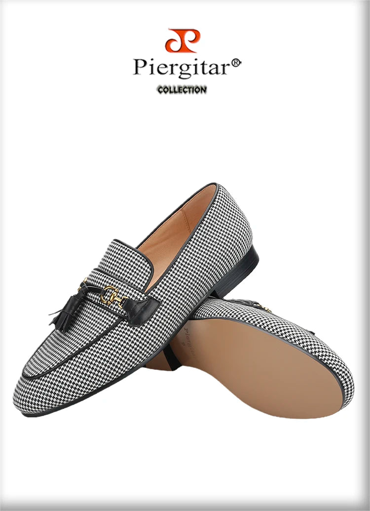 Piergitar 2023 Black And White Wool Houndstooth Slippers With Metal Horsebits Leather Tassels Men's Loafers Handmade Moccasins