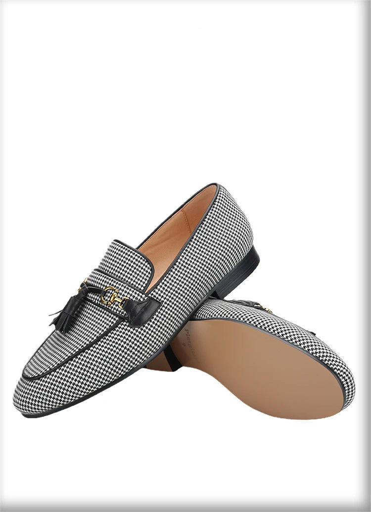 2023 Black And White Houndstooth Wool Slippers with Leather Tassels and Metal Horsebits for Men's Loafers