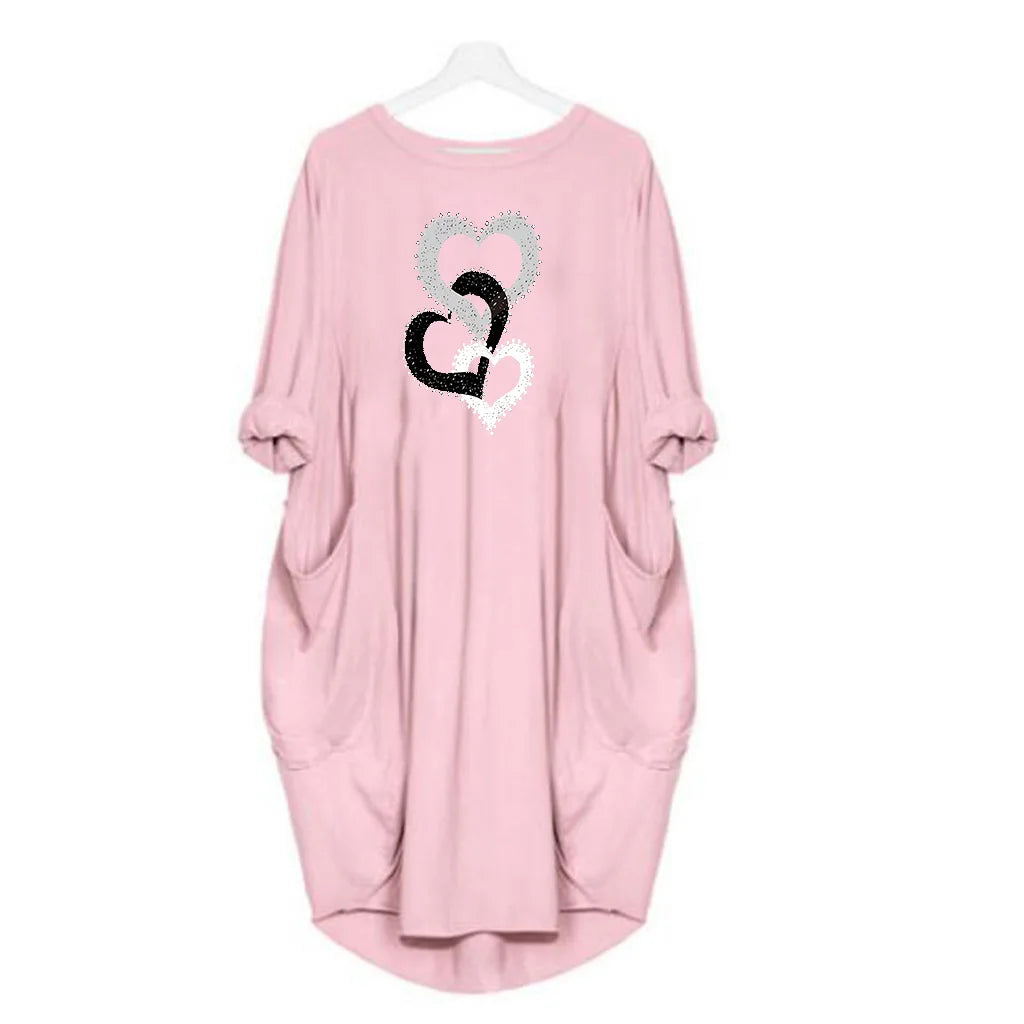 Women's heart-shaped printed pocket dress, casual round neck short sleeved dress for spring and summer women's wear