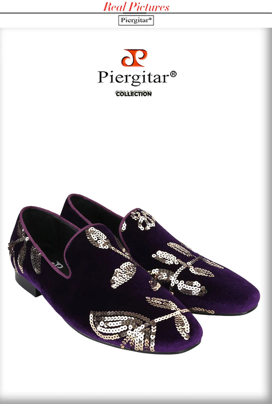 Piergitar Black And Dark Purple Velvet With Handmade Floral Sequin Men's Loafers CL Same Classic Red Outsole Slip-On Moccasins