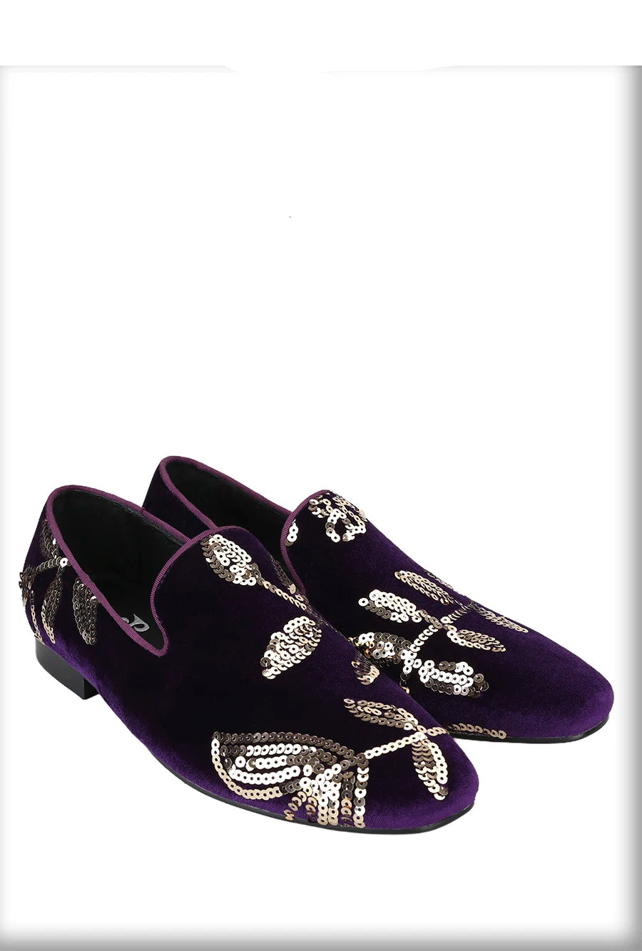 Black and Dark Purple Velvet with Handmade Floral Sequins Men's Loafers CL The Classic Red Outsole Moccasins