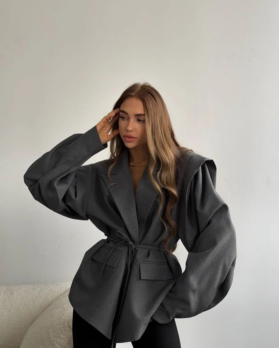 Trendy Lace-up Waist Cinching Blazer Woman Casual V-neck Solid Office Outerwear 2025 Autumn New Commute Long Sleeve Short Coats