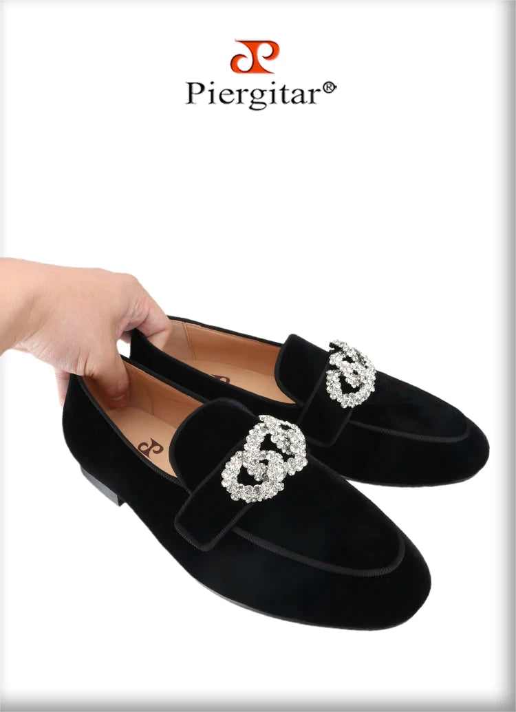 Piergitar Black Velvet Slippers With Matching Gros-grin Piping And Chain-Shaped Allover Crystals Handmade Slip-On Men's Loafers