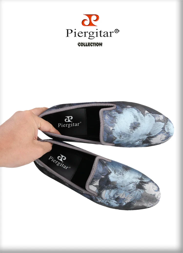 Piergitar 2023 New Abstract Printed Cotton Men's Loafers For Party Handmade Slip-On Moccasins Red Outsoles Smoking Slippers