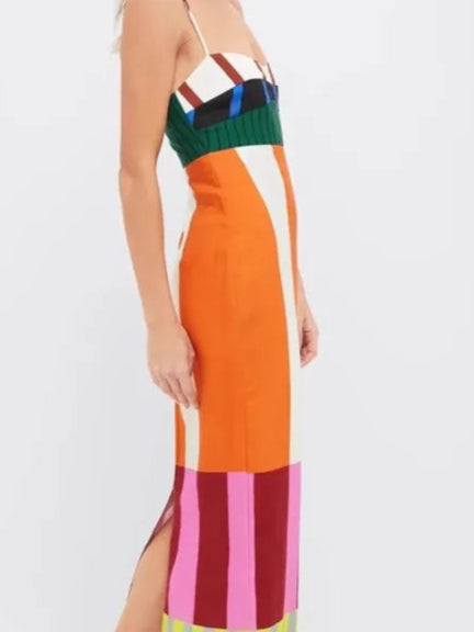 Women's Long Striped Colorful Spaghetti Strap Maxi Dress