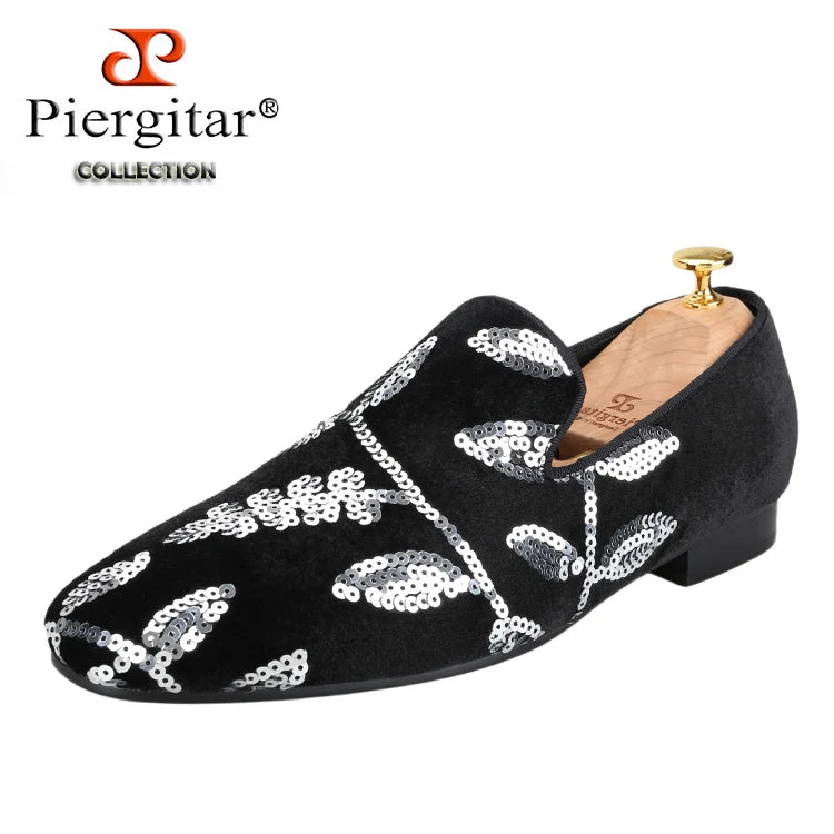 Piergitar Black And Dark Purple Velvet With Handmade Floral Sequin Men's Loafers CL Same Classic Red Outsole Slip-On Moccasins