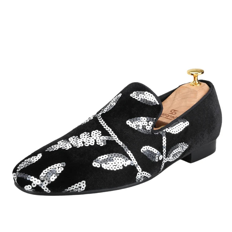 Black and Dark Purple Velvet with Handmade Floral Sequins Men's Loafers CL The Classic Red Outsole Moccasins