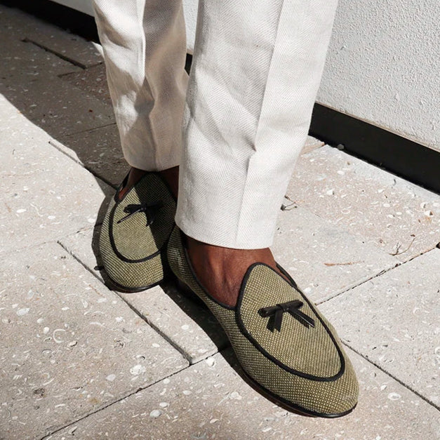 Three Colors Raw Canvas Belgian loafers with Calfskin Bows, Handmade Slip On Classic Mens Smoking Slippers