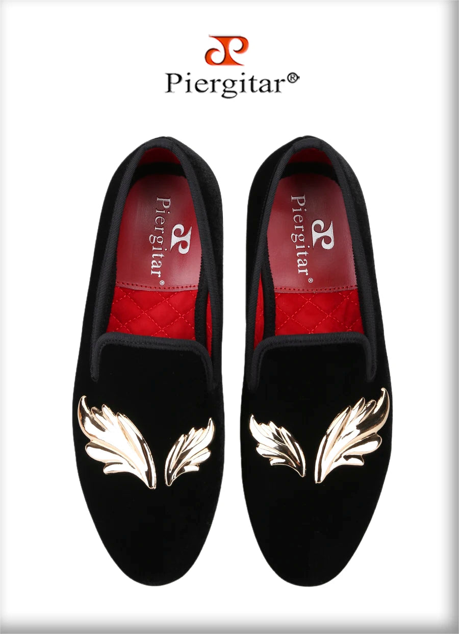 Piergitar Handcraft Black Velvet Slip-On Shoes With Gold Wings Metal Buckles For Wedding And Prom Classic Style Men's Loafers