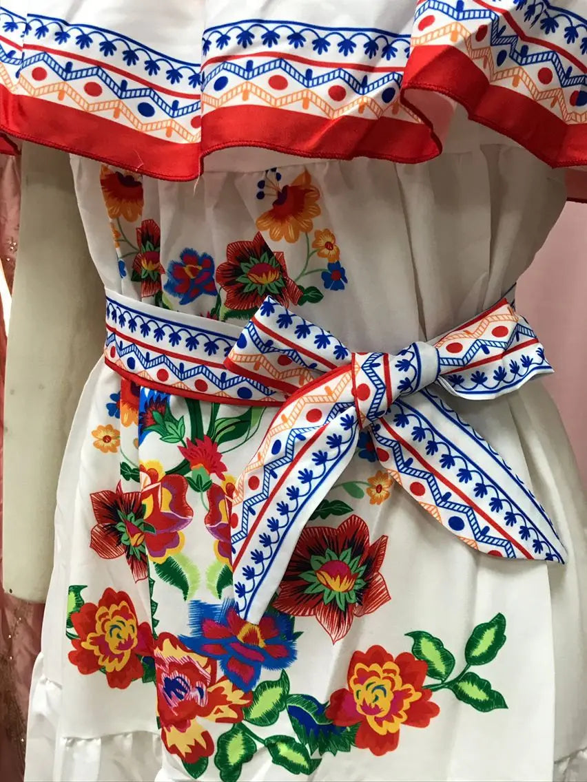 2024 Spring/Summer New Women Retro Fashion One Shoulder Red Flower Printed Waist Collection Long Style Large Swing Casual Dress