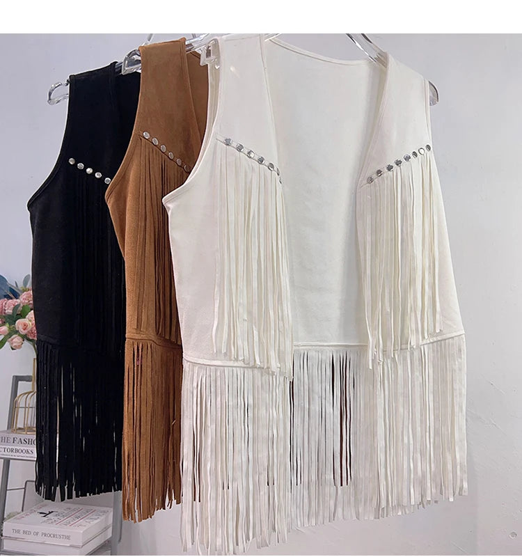 Retro Western Cowboy Style Soft Suede Tassel Vest Spring Autumn Sleeveless Cardigan Women Casual Waistcoat Sweetwear