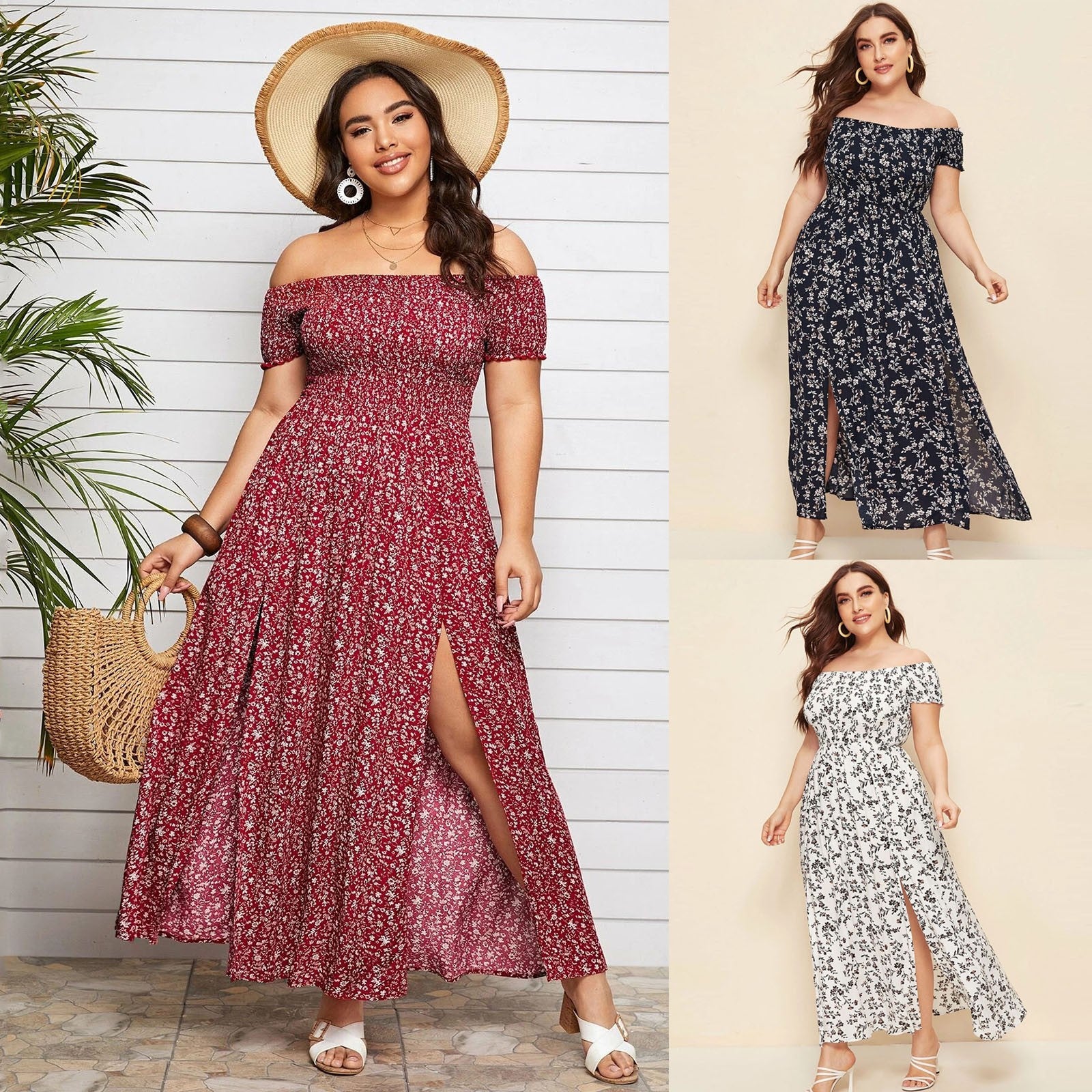 Plus Size Summer Dresses with Slash Necks, Shirred Bodice and Split Thigh Floral Dresses