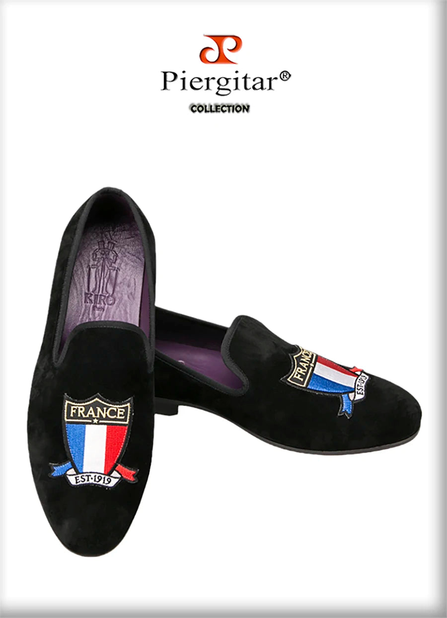 Piergitar Handmade Embroidery Of Four Powerful Football Countries Black Velvet Men Loafers Genuine Leather InSoles And Outsoles