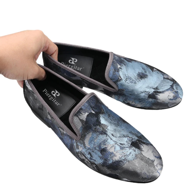 Piergitar 2023 New Abstract Printed Cotton Men's Loafers For Party Handmade Slip-On Moccasins Red Outsoles Smoking Slippers