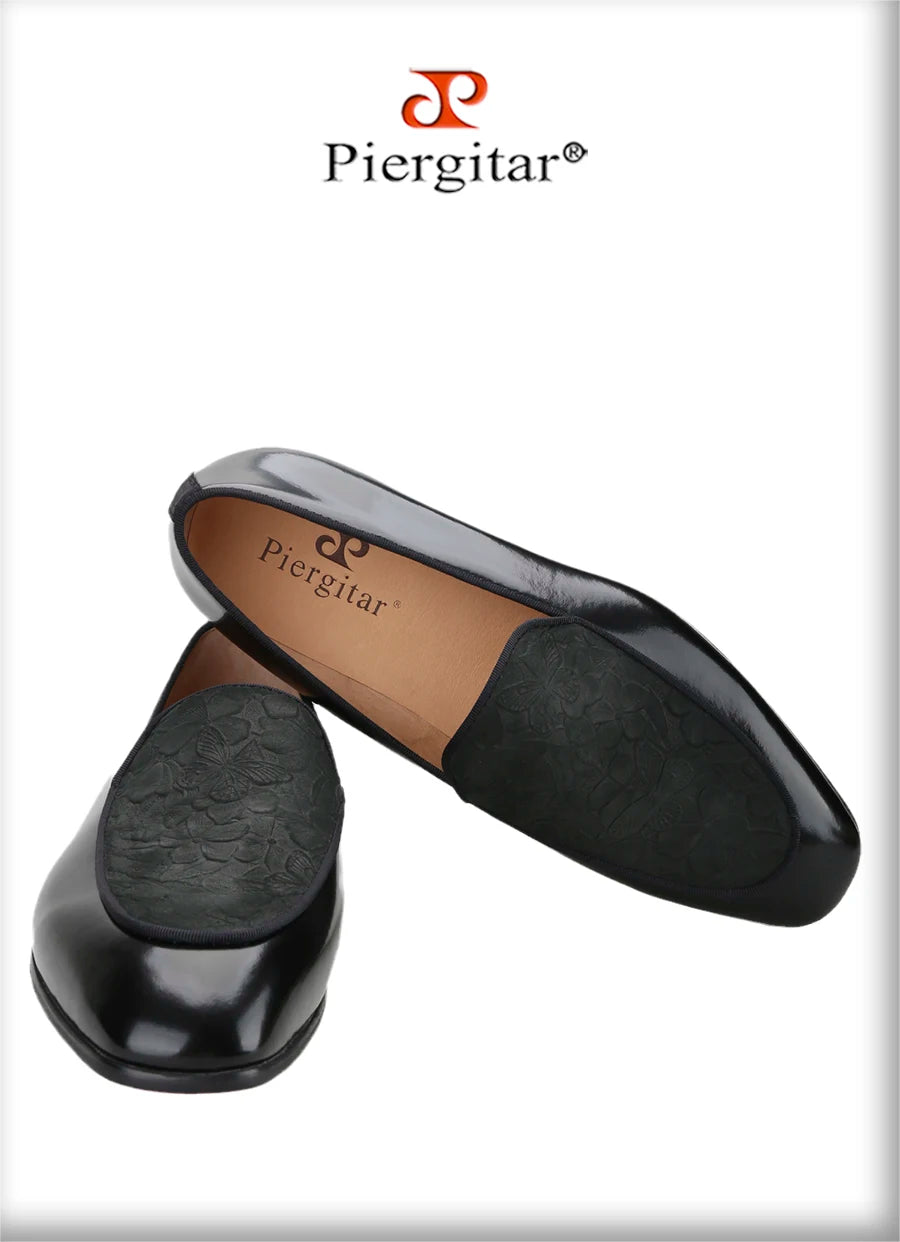 Piergitar Flower Pattern Embossed Leather Patchwork With Black Calfskin Men's Loafers Handmade Slip-On Slippers Red Bottom Flats