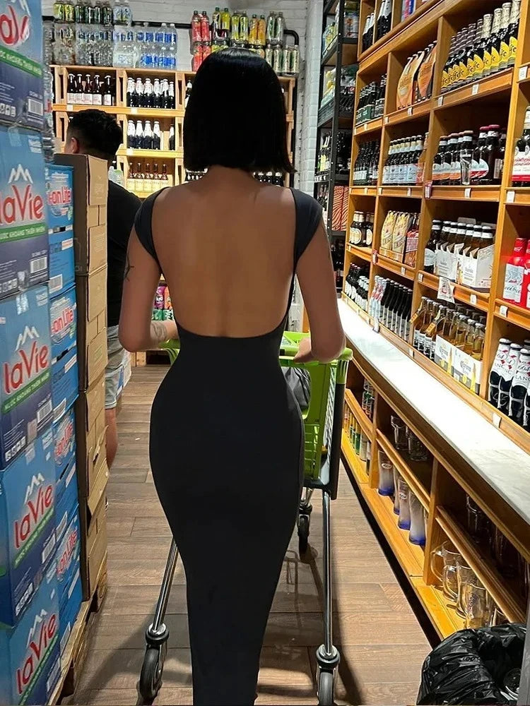 Women's Solid Sexy Backless Maxi Dress Elastic Short Sleeve Long Dresses