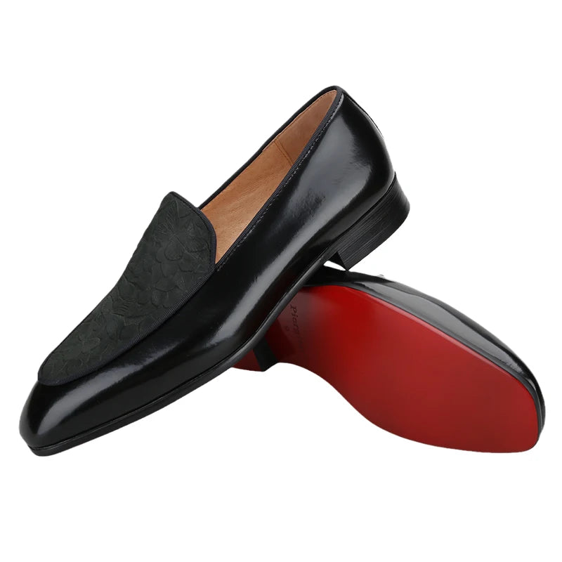 Piergitar Flower Pattern Embossed Leather Patchwork With Black Calfskin Men's Loafers Handmade Slip-On Slippers Red Bottom Flats