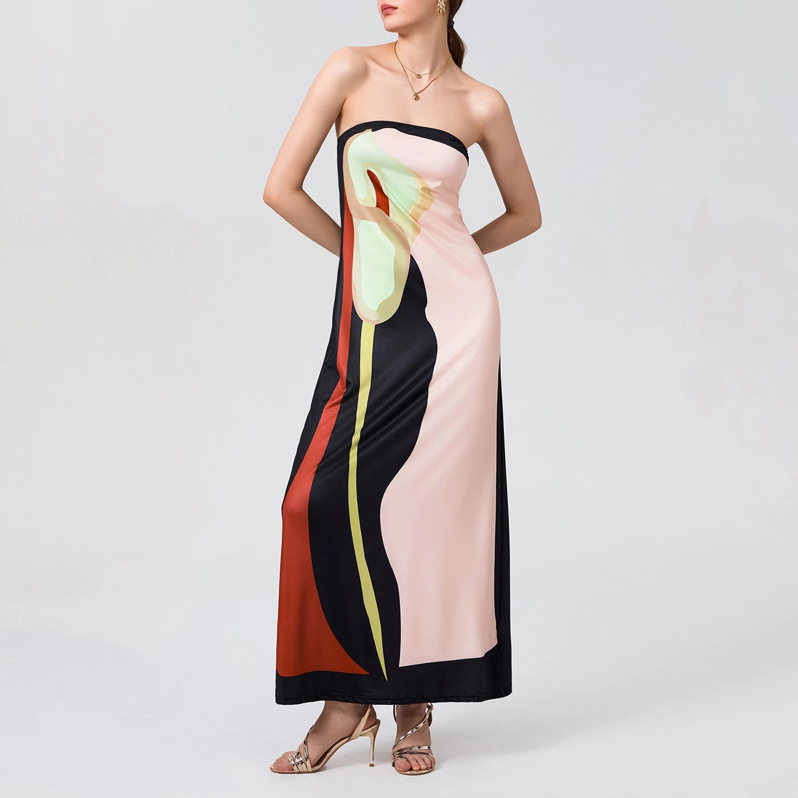 Tube Bodycon Dress Women Elegant Avocado Print Strapless Elegant Maxi Dress Sleeveless Holiday Robes Summer Chic Long Dress
