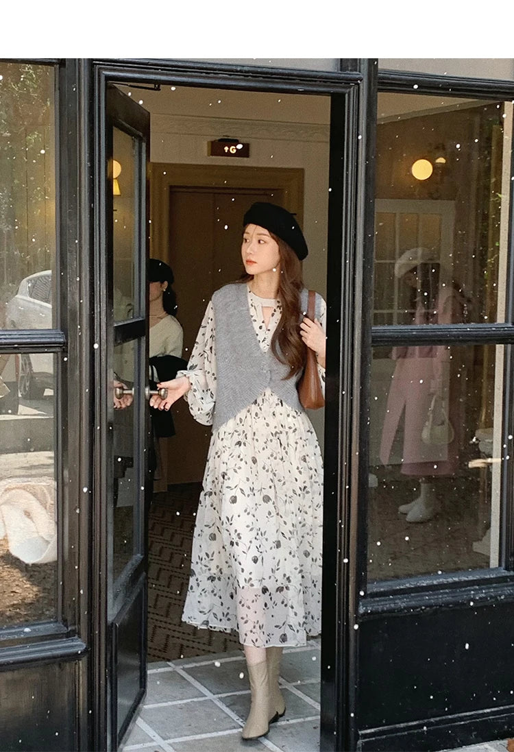 Floral Midi Dress Women Sweet A-Line Long Sleeve Hollow Out Dress Elegant High Waist Casual Long Dress Daily or Vacation Outfits