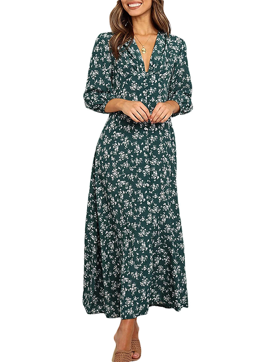 Women's Summer Bohemian Floral Print Long Maxi Dress Retro 3/4 Sleeve V-Neck Button Down High Waist Sundress Streetwear