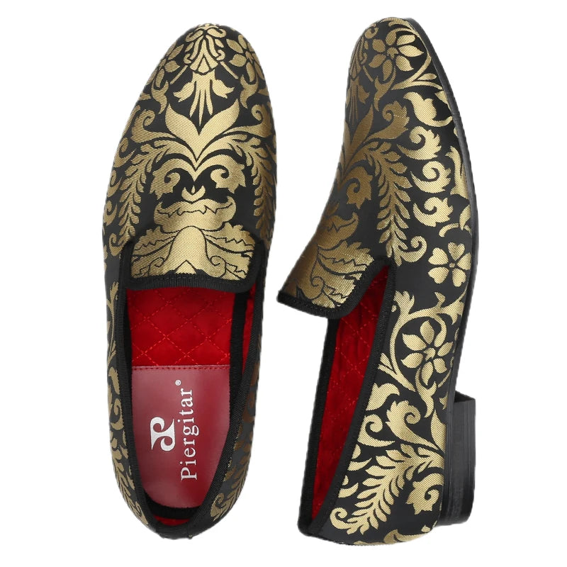 Piergitar 2023 New Upgrade Style Baroque Gold Jacquard Silk Men Loafers For Party Pair With Gold Suit Plus Size Moccasins