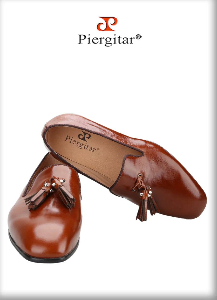Piergitar Patinated Calf Leather Iconic Dandelion Loafers With Tassels Featuring Metal Spikes CL Brand Same Model Men Moccasins
