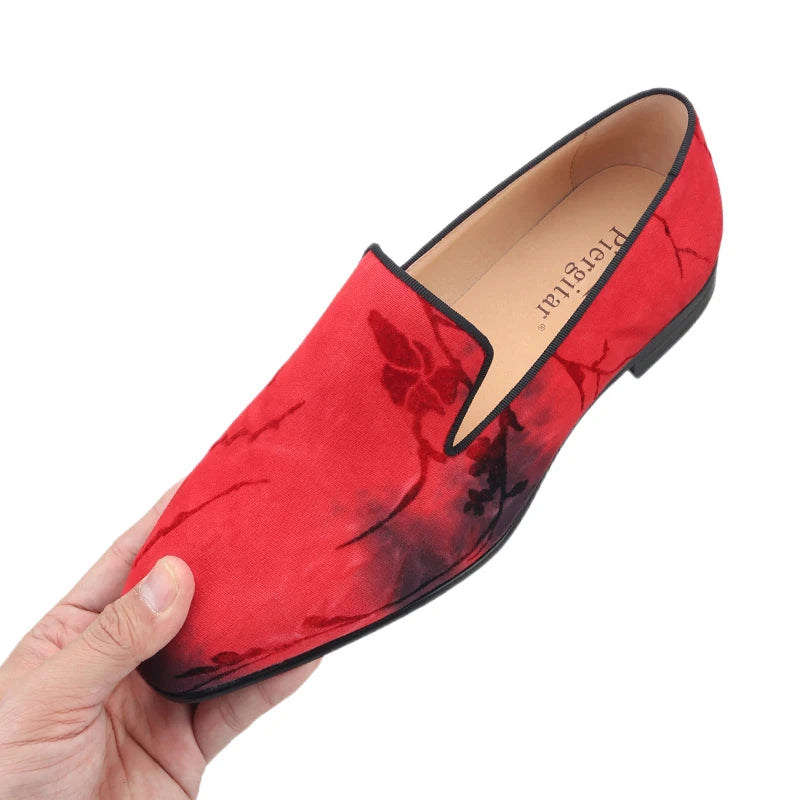 Men's Moccasins with Classic Bright Red Outsole and Three Colors of Flocking Jacquard Tie-Dyed Cottons