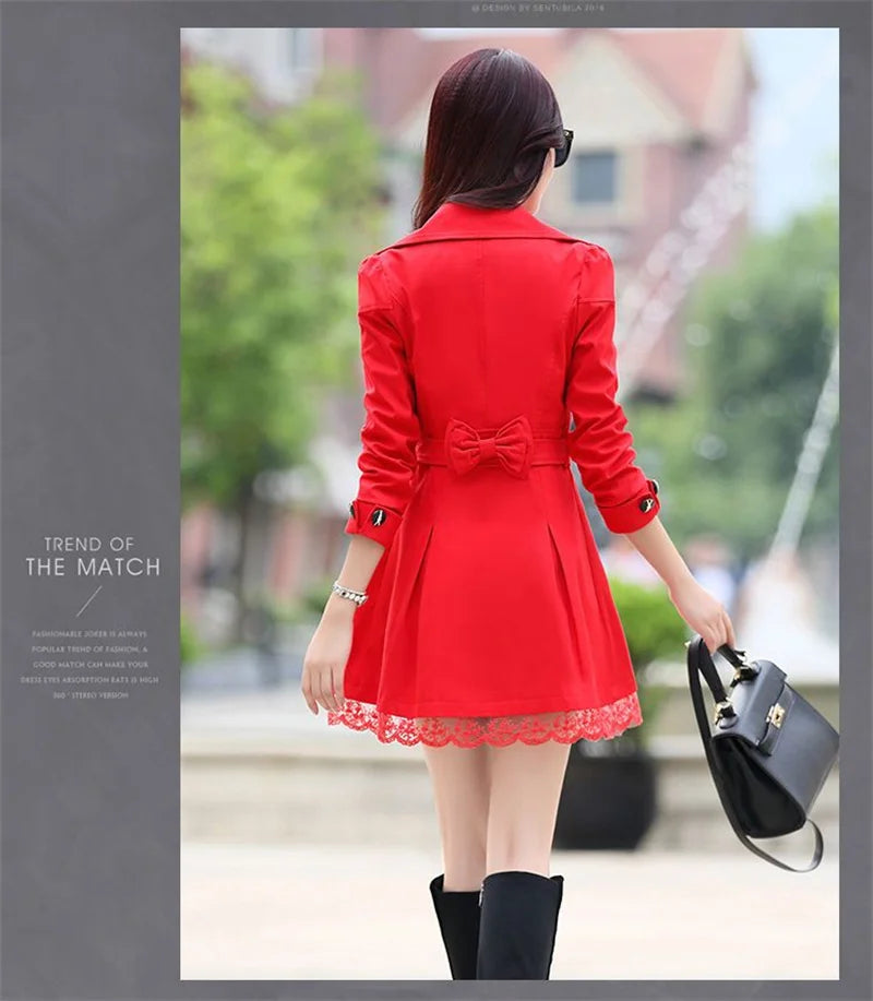 2025Spring Autumn New Windbreaker Coat Women Fashion Slim Mid Long Lace Trench Coat Female Casual Double-breasted Outerwear Tops