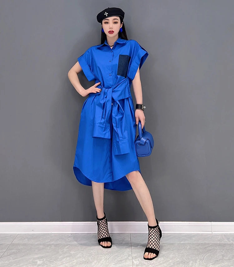 Extra Sleeves Decorated New 2025 Summer Korean Style Woman Purple Shirt Dress Loose Fit Chic Unique Big Size Casual Robe JKXD005