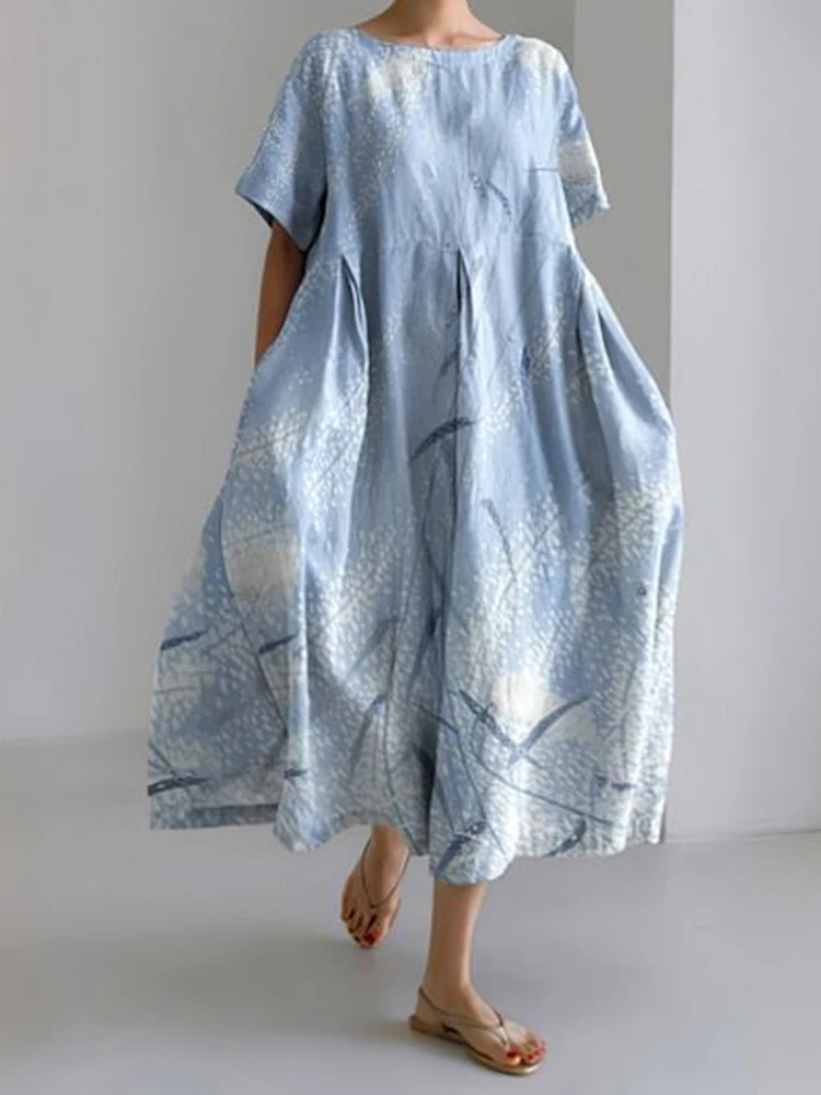 2024 Women's New Round Neck Long Casual Summer Dress Large Size Fresh Print