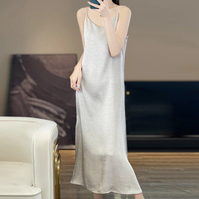 2025 New 100% Anti Wrinkle Mulberry Silk Strap Dress for Women's Summer New Loose Long Skirt