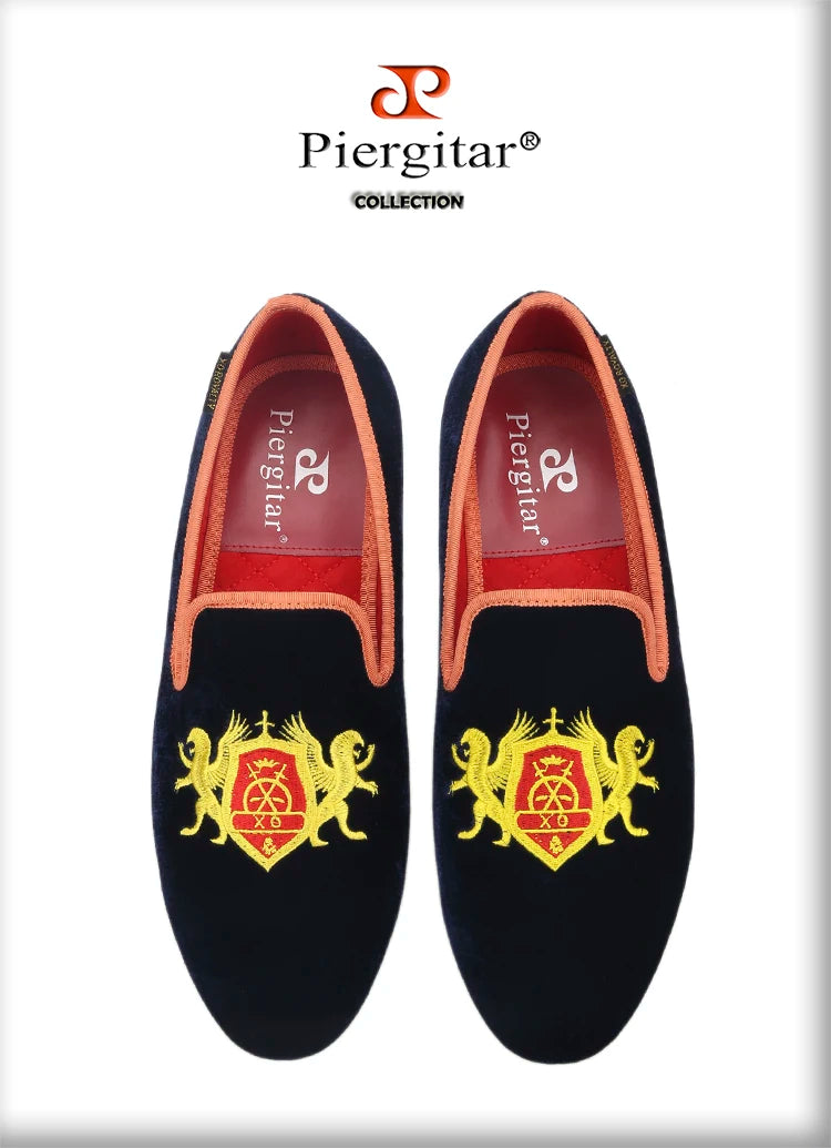 Piergitar British Style Embroidery Navy Velvet Shoes With Gold Outsole Handmade Men Loafers Slip-On Smoking Slippers For Party