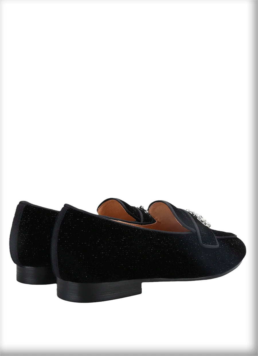 Black Velvet Loafers For Men With Crystal Rhinestone Horsebit Embellishments