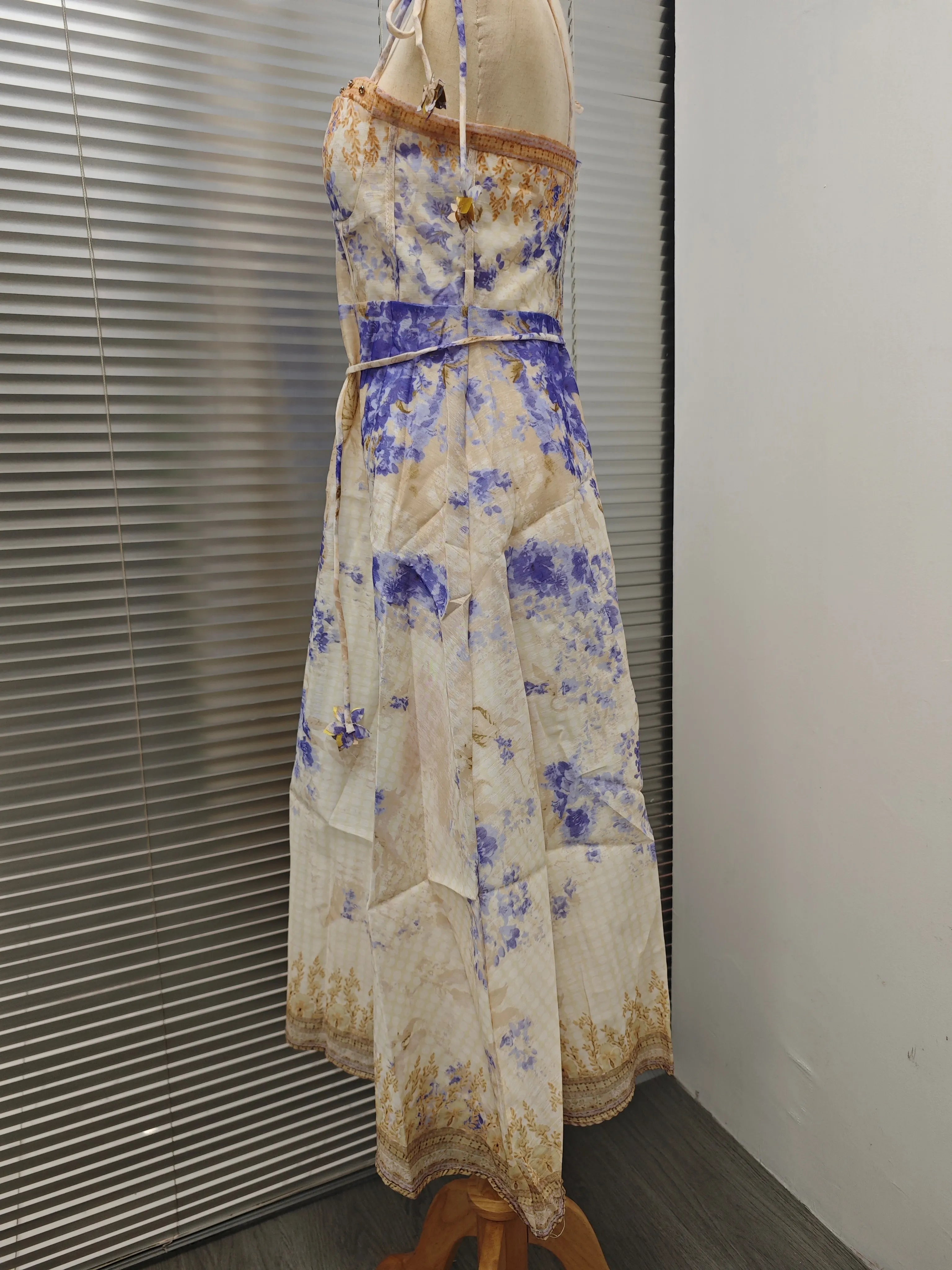 2025 New French High Quality Luxury Chic Dress Appliques Floral Print Spring Summer Strapless Women Holiday Spaghetti Midi Dress