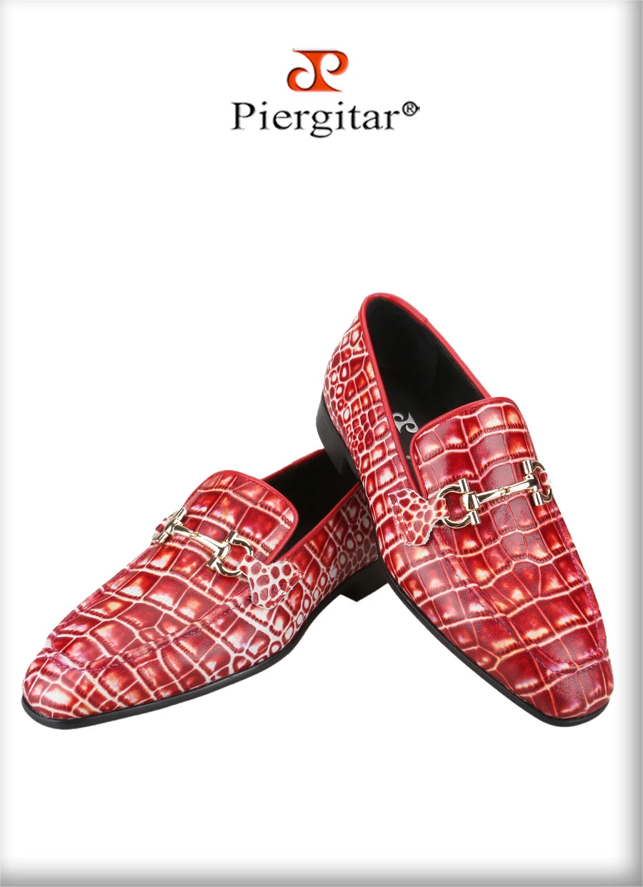 Piergitar Classic Model Gold Horsebits Men's Loafers Red And Light Green Crocodile Pattern Calfskin Handmade Slip-On Slippers