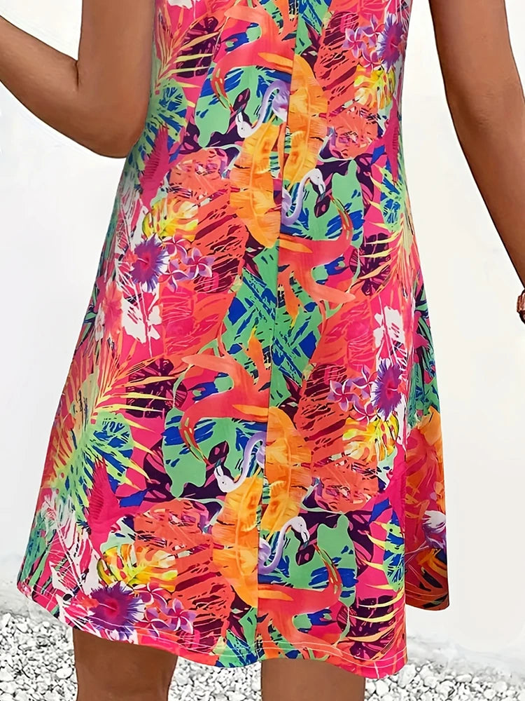 Tropical Printed Women's V-Neck Mini Dress For Summer,Sexy Vacation Beach Dress, Flowy Summer Party Dress for Women
