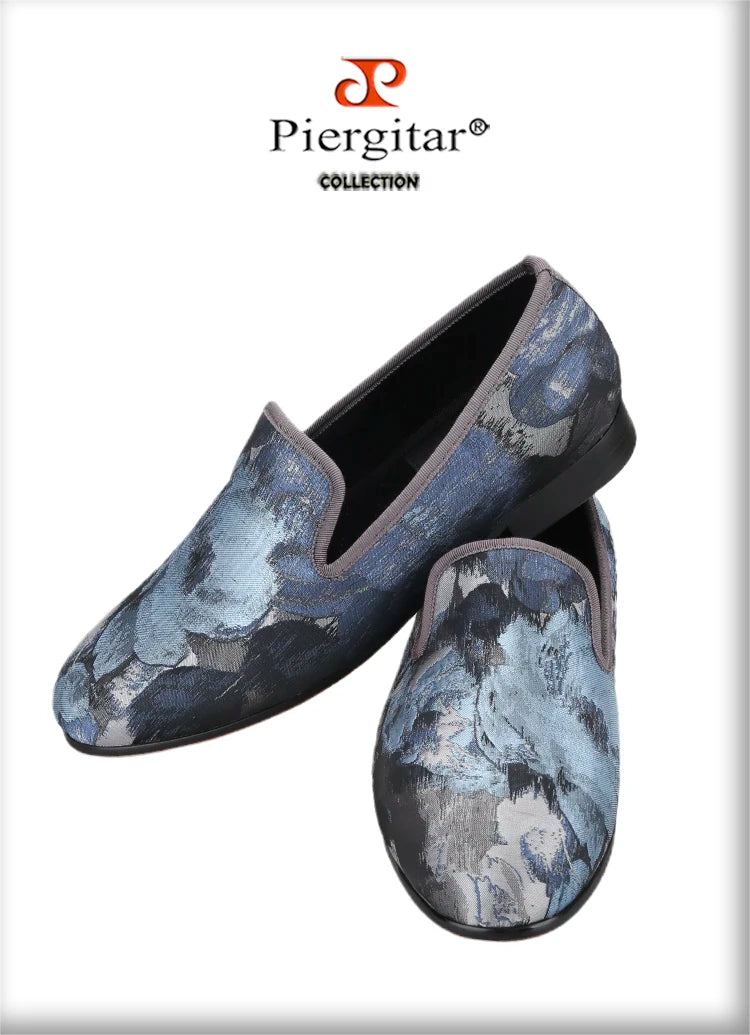 Piergitar 2023 New Abstract Printed Cotton Men's Loafers For Party Handmade Slip-On Moccasins Red Outsoles Smoking Slippers